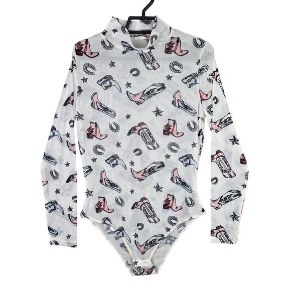 Womens Cowgirl Western Novalty Print Mesh Bodysuit Snap Closure Long Sleeve S - Picture 1 of 8